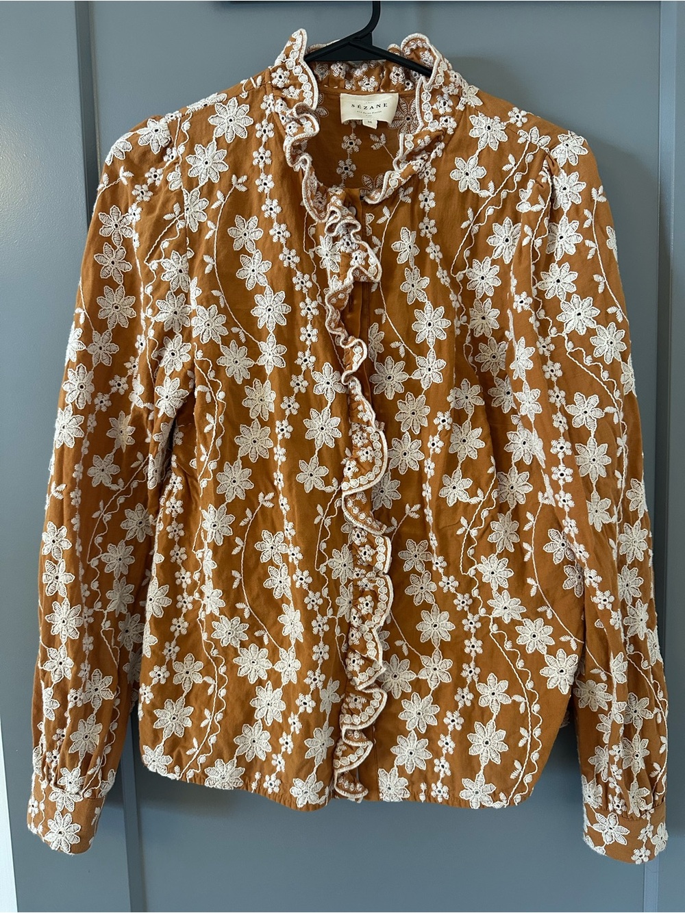 Sezane Caramel Blouse with White Floral Embroidery